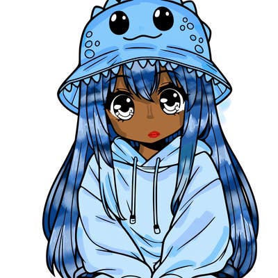girl with anime shaped eyes with a dinosaur bucket hat oversized sweatshirt long straight hair