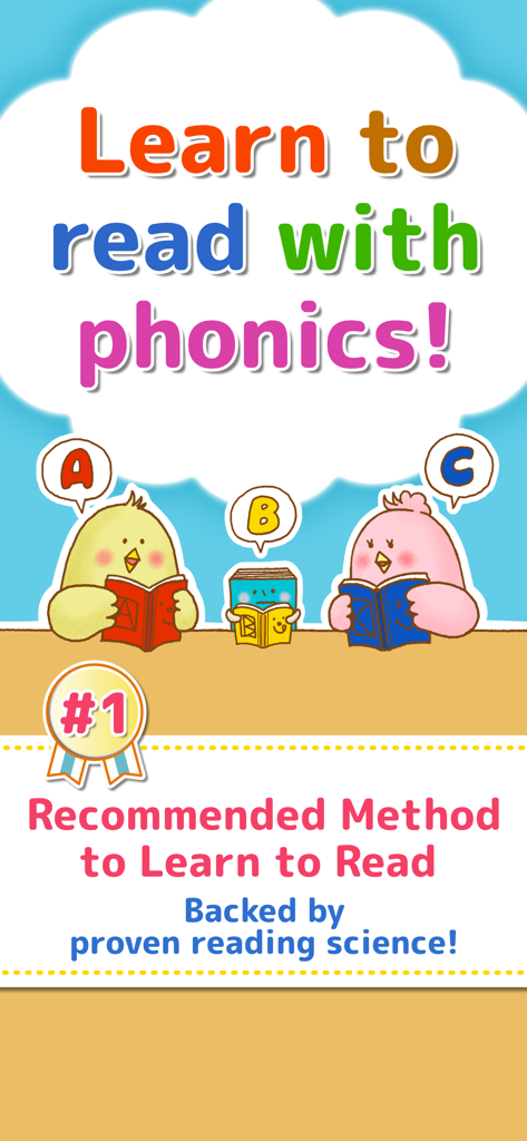 Phonics Readers for kids - Promotional screen for Phonics Readers for kids showing cartoon characters reading books with the text Learn to read with phonics.