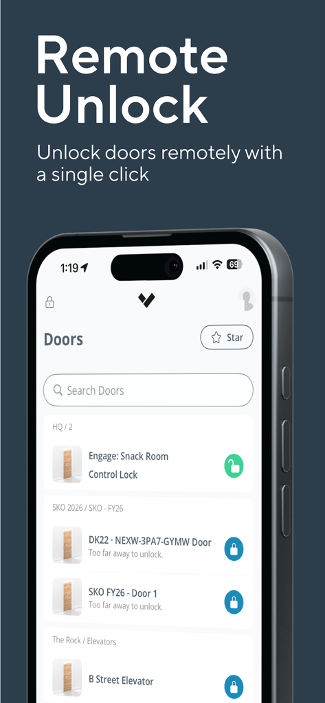 Verkada Pass mobile app interface for remote door unlocking.
