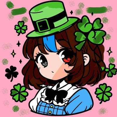 a manga-style girl with clovers around her, a little hat in her hair, like it's saint patrick's day