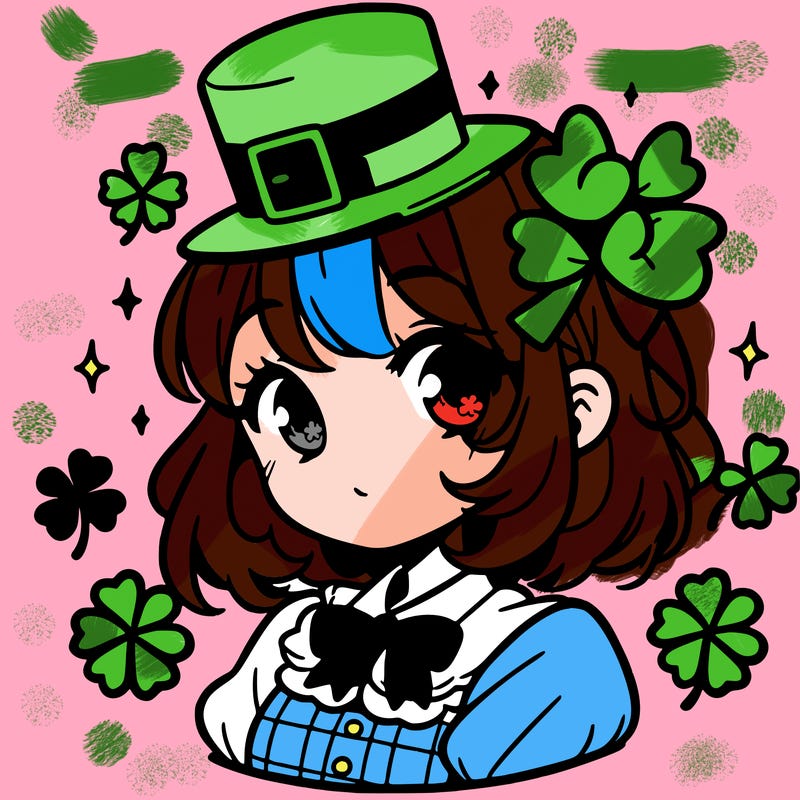 a manga-style girl with clovers around her, a little hat in her hair, like it's saint patrick's day