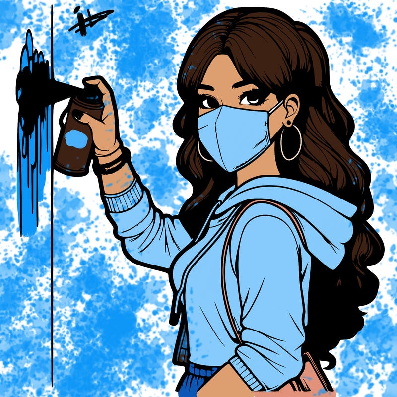 realistic girl with mask spray painting a wall