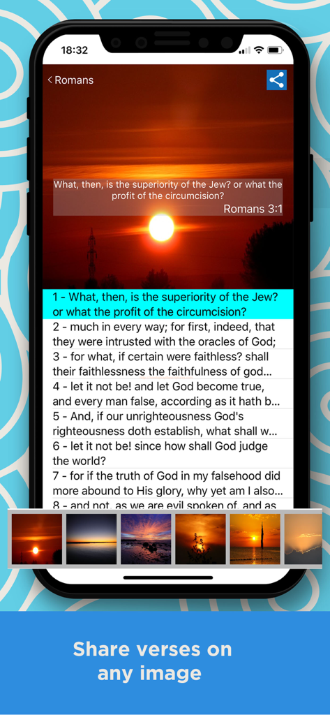 Young Literal Bible -YLT Bible - Interfaz de la aplicación Young Literal Bible demostrando cómo superponer versículos bíblicos en imágenes de atardecer para compartir en redes sociales.