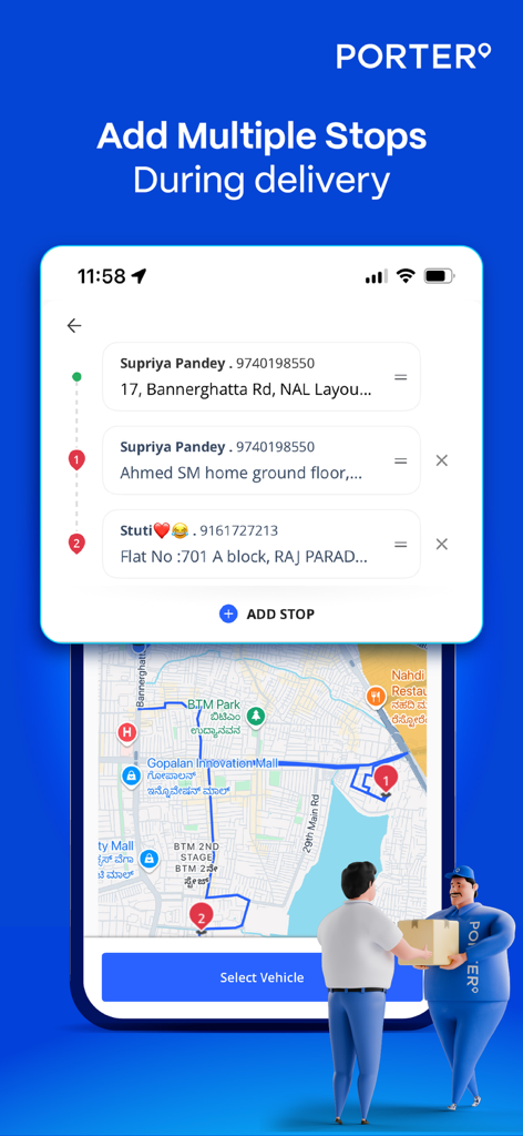 Porter Logistik-App-Oberfläche, die die Funktion zum Hinzufügen mehrerer Stopps während einer Lieferung mit einer Routenkarte zeigt.