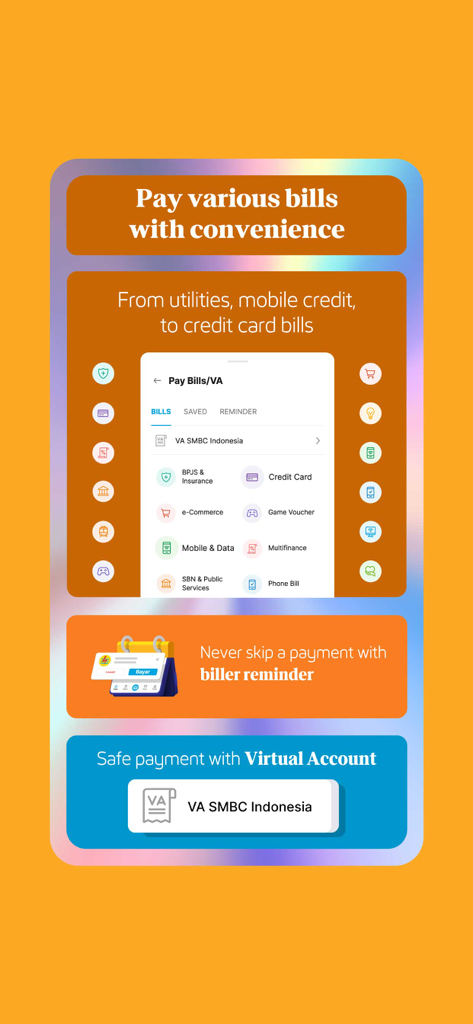 Mobile banking interface for Jenius app showing various bill payment options and virtual account features