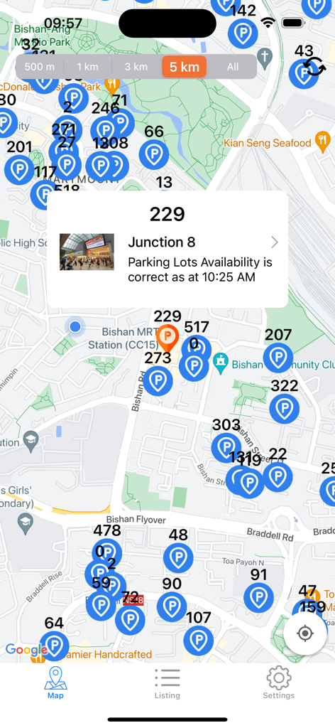 Map showing real-time car parking availability in Singapore with 229 lots at Junction 8.
