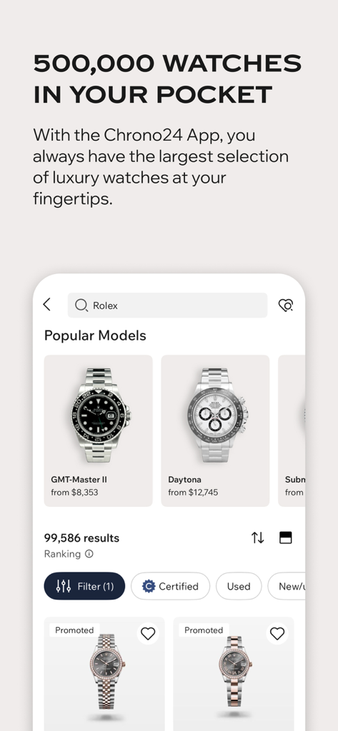 Chrono24 | Luxury Watch Market - Interfaz de la aplicación Chrono24 que muestra una amplia selección de relojes Rolex populares, incluidos los modelos Daytona y GMT Master II