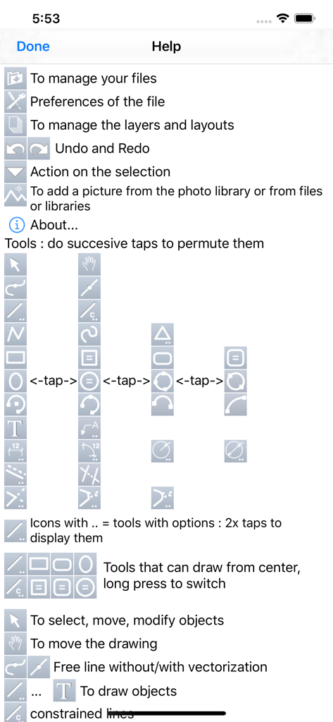 iPocket Draw Lite - Pantalla de ayuda de iPocket Draw Lite mostrando una leyenda de iconos de herramientas de dibujo y edición CAD