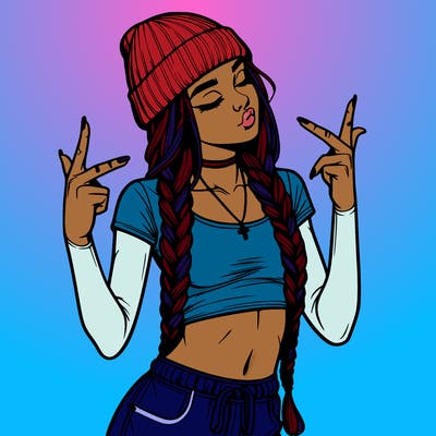 realistic teenage girl with braids and a beanie and crop top doing 🫶🏼