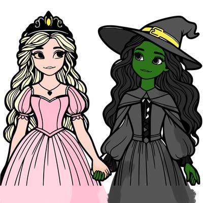 a princess and a witch holding hands realistic