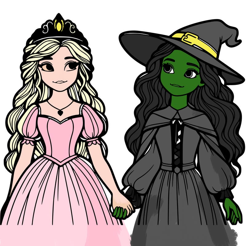 a princess and a witch holding hands realistic