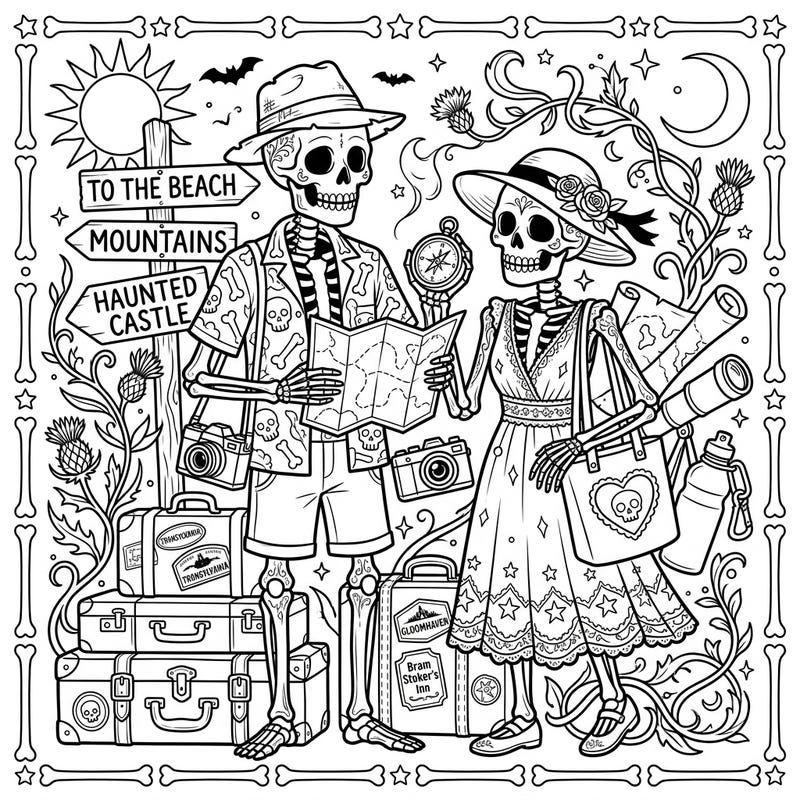 Join these stylish gothic skeletons as they embark on a thrilling vacation, ready to explore haunted castles and sunny beaches. This unique coloring page offers a delightfully dark twist on travel, perfect for those who love a bit of macabre charm.