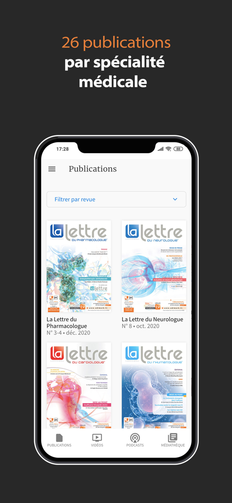 Edimark - Edimark mobile app interface showing a list of specialized medical journals and publications