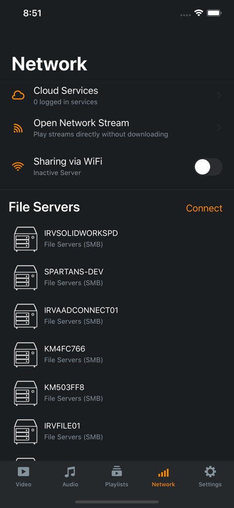 Azul - Video Player for iPhone - Azul Video Player network interface showing a list of connected SMB file servers and cloud service options on iPhone.