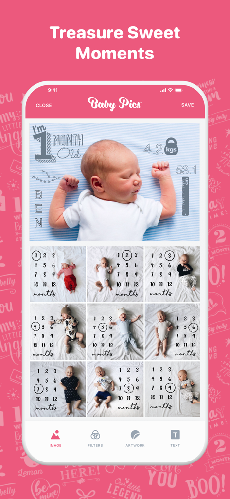 Baby Pics - AI Photo Editor - Una captura de pantalla de la interfaz de la aplicación Baby Pics que muestra una cuadrícula de hitos mensuales del bebé y el encabezado "Atesora dulces momentos".