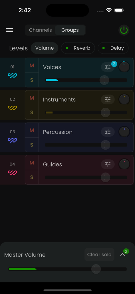 StageWave - StageWave app interface for mixing audio group levels including voices instruments and percussion