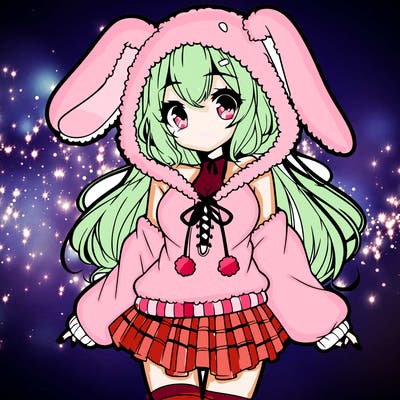pretty anime girl wearing a fluffy hoodie with bunny ears on the hood and a skirt