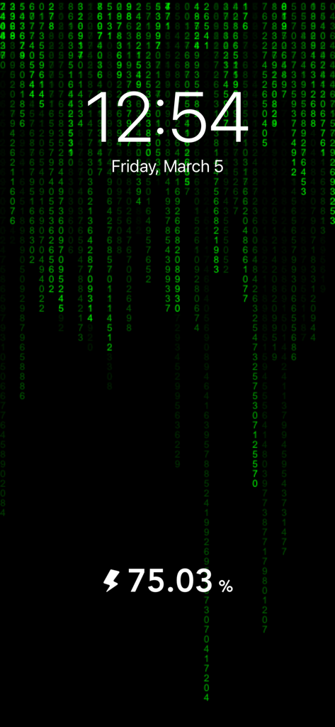 A Matrix-themed charging animation screensaver showing time and battery percentage