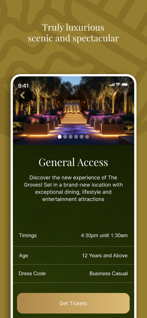 Schermata Accesso Generale dell'app The Groves Entertainment che mostra informazioni sui biglietti e dettagli sulla sede.