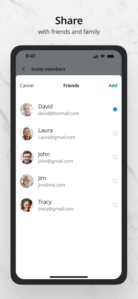 A mobile interface of the Nixplay app showing a list of friends and family to invite for sharing photos.