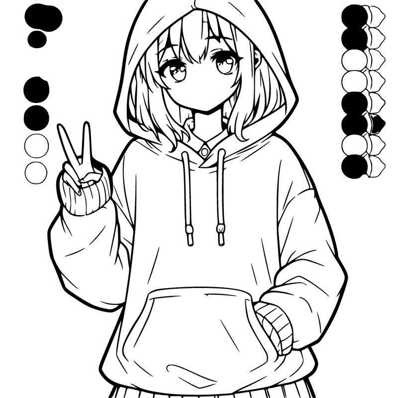 a teenage anime girl in an oversized hoodie standing with a peace sign
