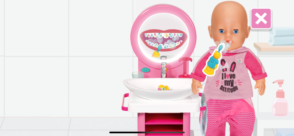 BABY born® - A BABY born doll brushing its teeth at a pink sink with a toothbrushing reflection in the mirror.