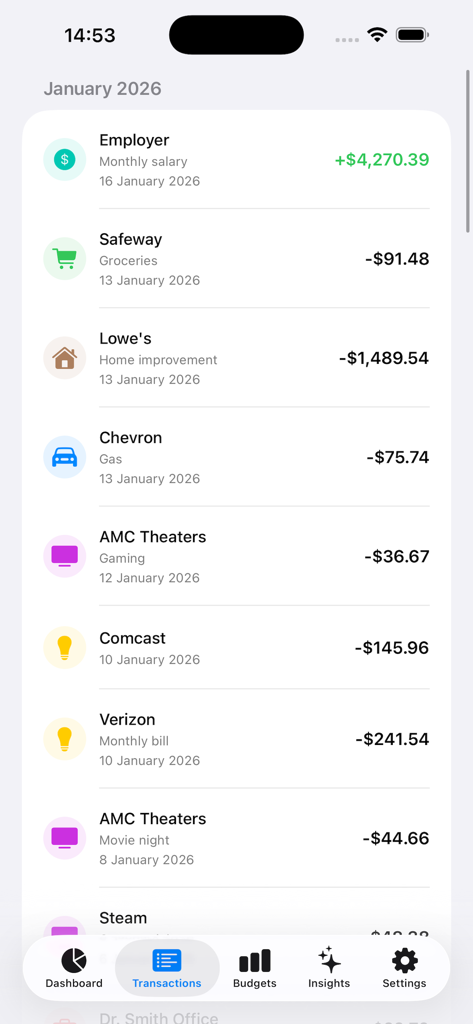 Interface de l'application mobile affichant une liste détaillée des revenus et dépenses catégorisés dans une vue de l'historique des transactions.
