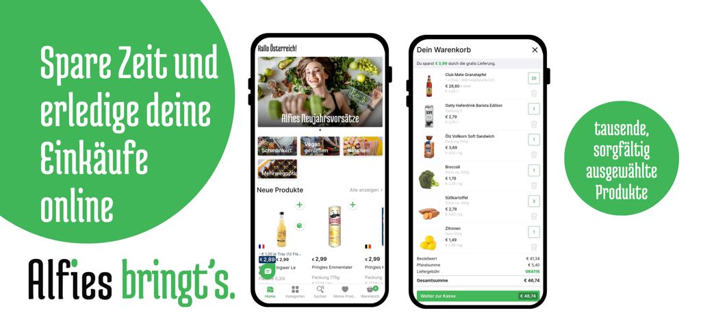Alfies - Alfies App-Oberfläche mit Lebensmittelkategorien und einem Einkaufswagen für die Online-Lieferung