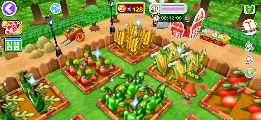 Talhões de jardim com milho, morangos e trigo no modo Aldeia Feliz de Cooking Mama Lets cook