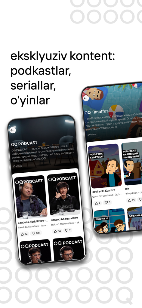 OQ app interface showing exclusive podcasts and animated series