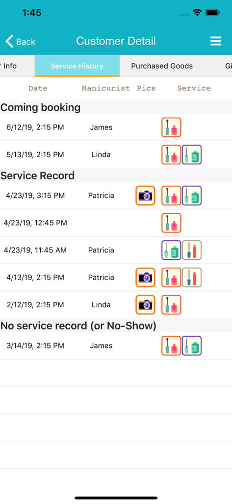 Customer detail screen showing service history and upcoming appointments in TapNail app