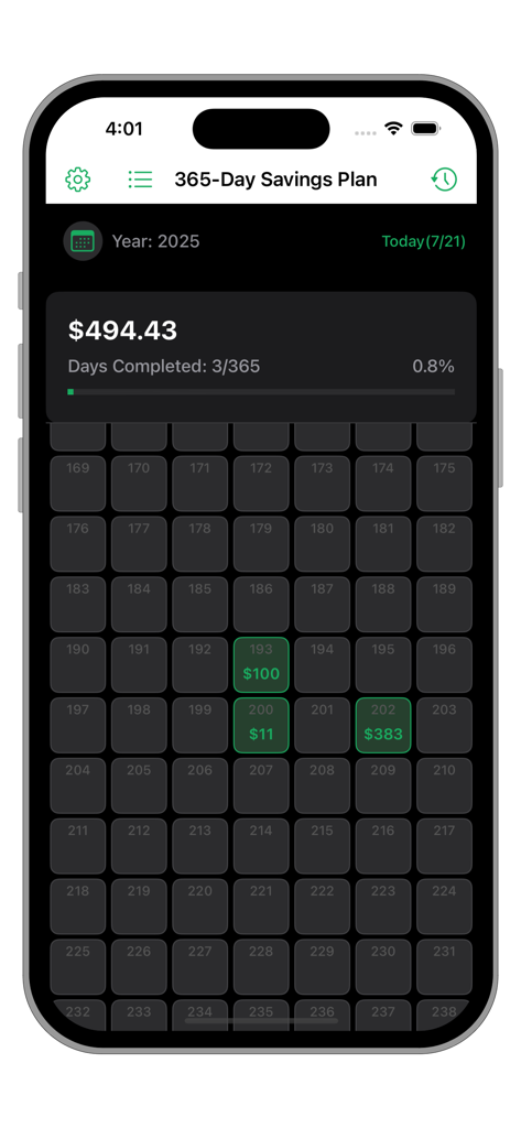 Dashboard of the 365-Day Savings Plan app showing a visual grid of savings progress and total amount saved.