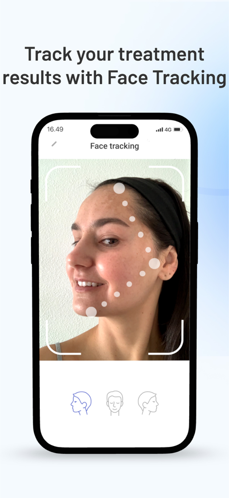 Miiskin: Rx Dermatology Visits - A woman using the Miiskin app face tracking feature to track skin treatment results on her profile.
