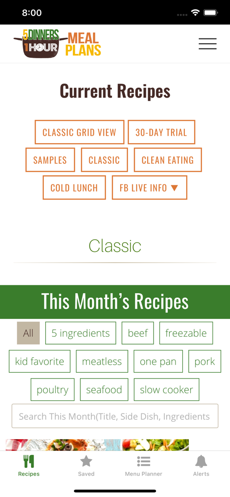5 Dinners in 1 Hour 앱의 레시피 선택 화면으로 카테고리 필터가 표시됩니다.