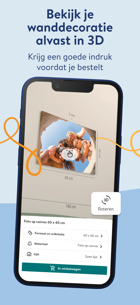 Albelli fotoboek poster prints - Albelli mobile app interface showing a 3D preview of a custom canvas print for wall decoration