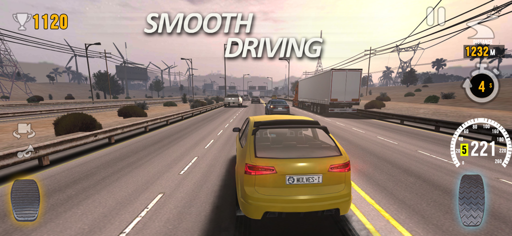 Gameplay screenshot showing a yellow car driving on a highway with the text smooth driving