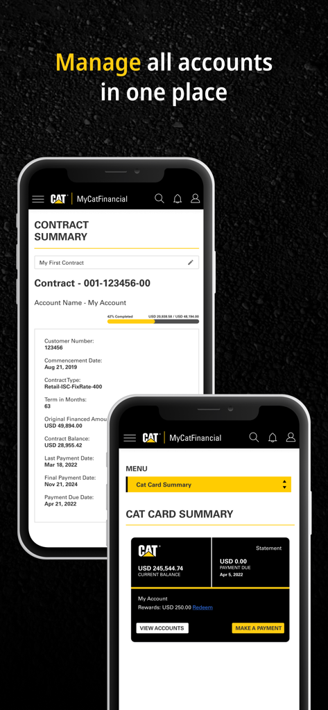 MyCatFinancial - MyCatFinancial mobile app showing contract details and account balance