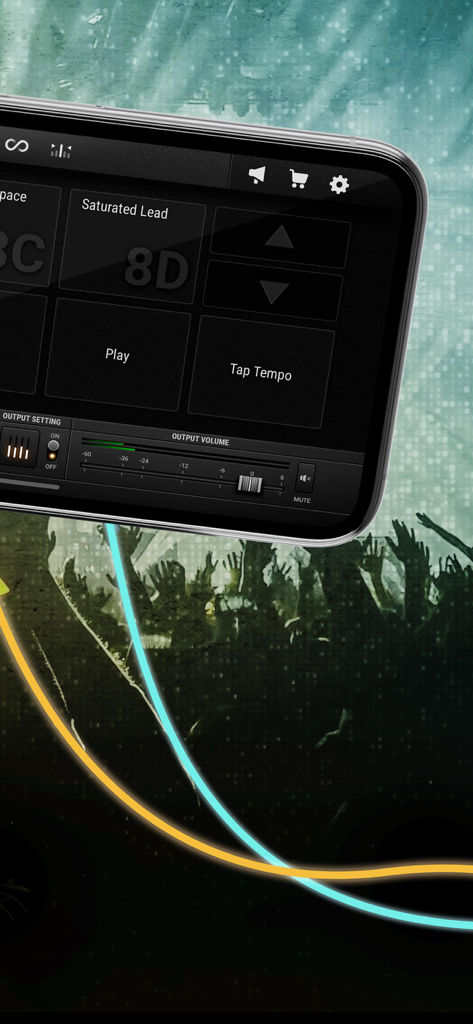 Smartphone que muestra los controles de actuación en vivo de la aplicación BIAS FX 2 con un fondo de multitud de conciertos