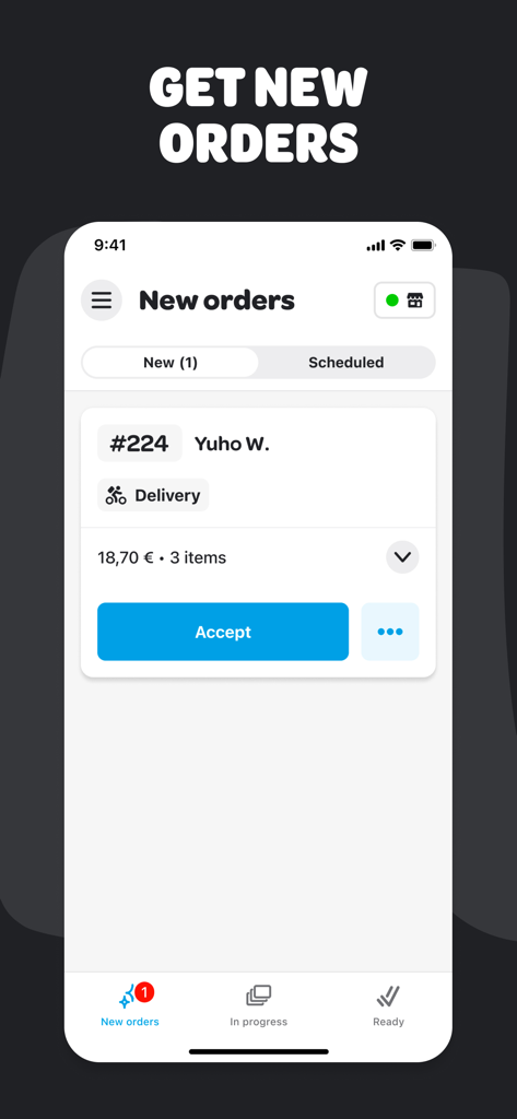 Merchant lite - Merchant Lite app interface showing a new delivery order with an accept button.
