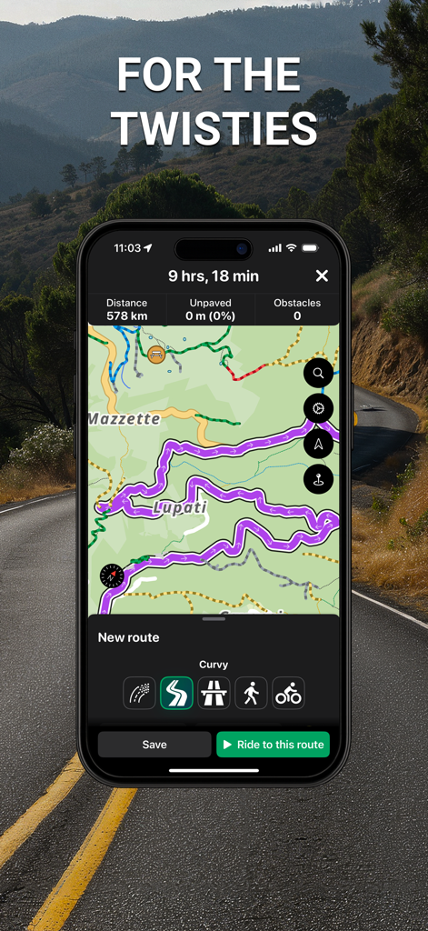 Stegra.io - Motorcycle GPS - Stegra.io motorcycle GPS app interface showing a curvy route on a map for twisty road navigation.