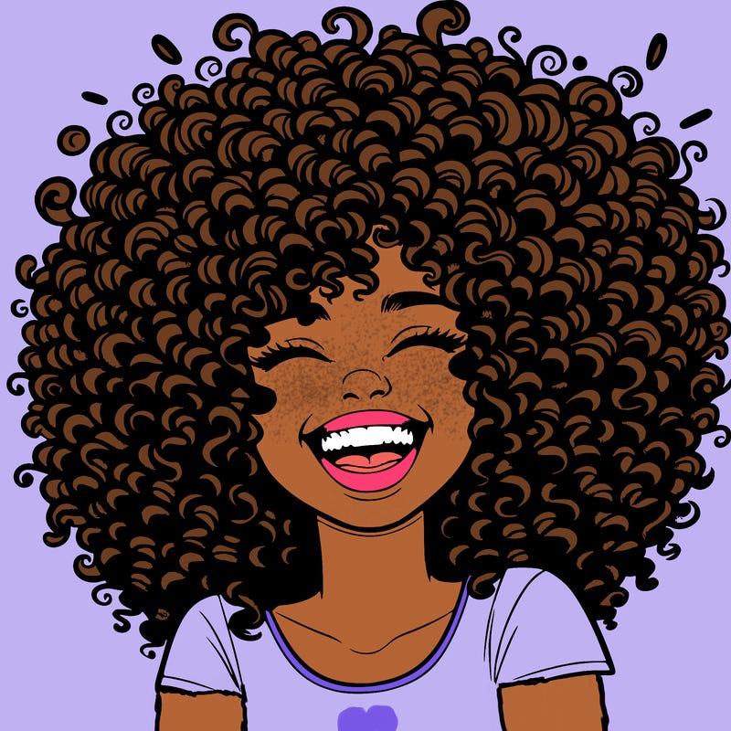 realistic girl with super curly hair laughing