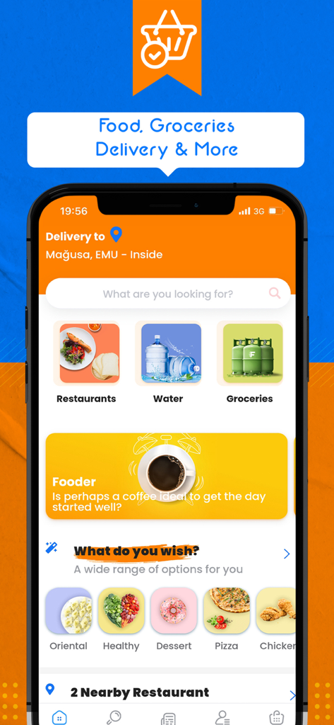 Mobile app interface of Fooder showing categories for restaurants water and grocery delivery