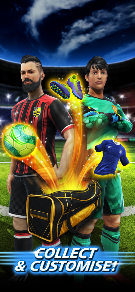 Football Strike - 2人のサッカー選手が、Football Strikeの収集可能なギアとカスタマイズオプションを見せている様子