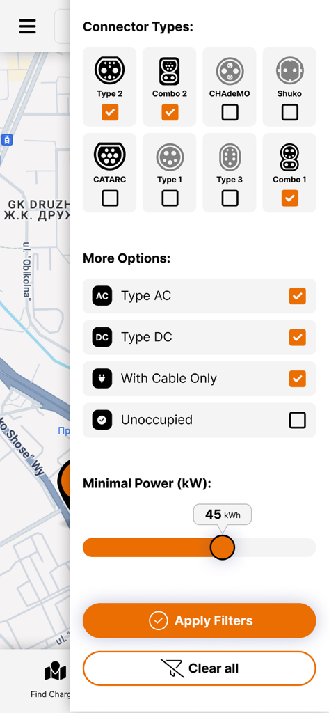 Electrocharge app interface showing filters for EV connector types and charging station power levels