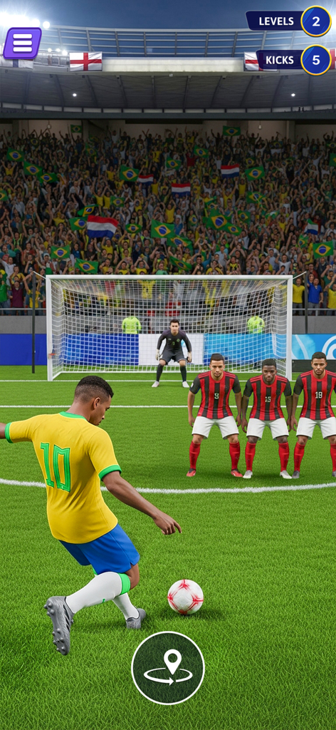 World Soccer Rematch League - 노란색 유니폼을 입은 축구 선수가 경기장에서 수비벽을 상대로 프리킥을 준비하고 있습니다