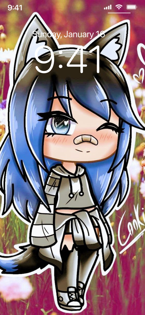 Gacha Life Wallpaper 4K | HD - A cute Gacha Life wolf girl character with blue hair and a bandaid on her nose set as an iPhone lock screen wallpaper.