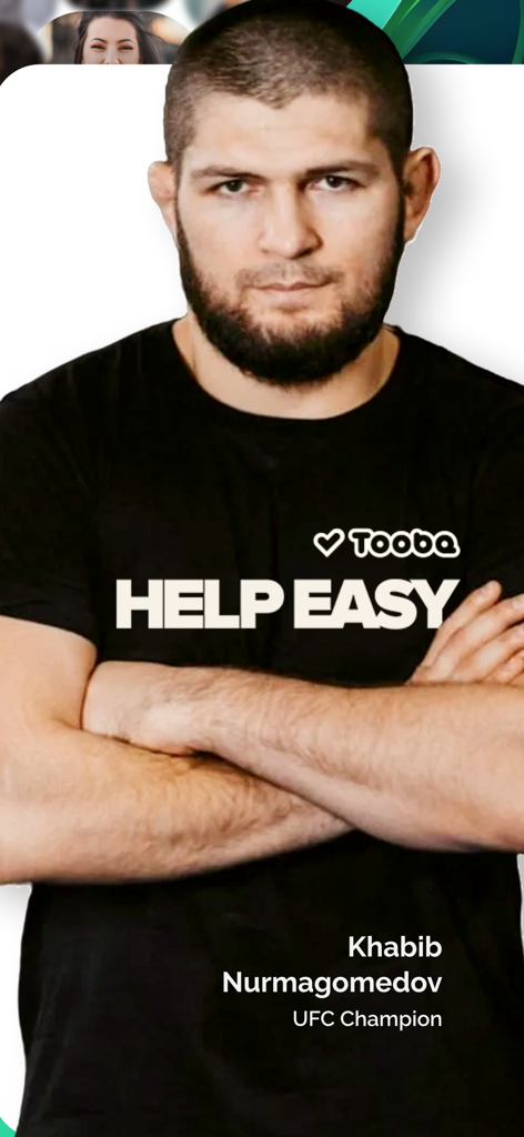 UFC Champion Khabib Nurmagomedov endorsing the Tooba Help Easy charity donation app
