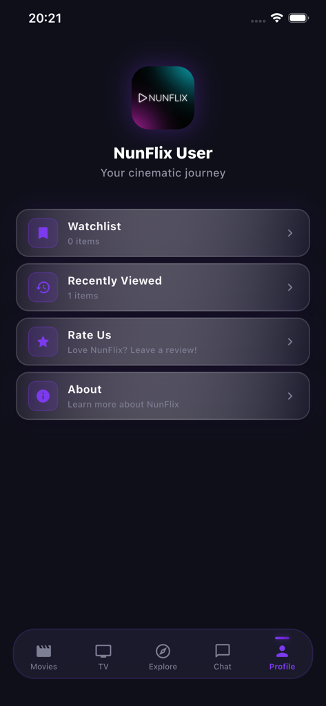 La pantalla de perfil de la aplicación NunFlix que muestra el perfil del usuario, la lista de seguimiento, los vistos recientemente y el menú de configuración en un tema oscuro.