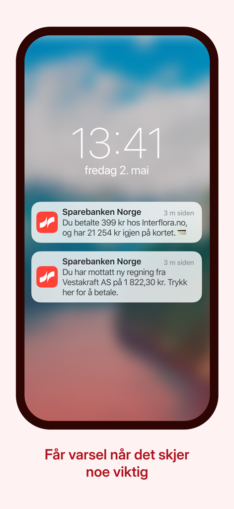 Sparebanken Norge Mobilbank - Smartphone lock screen displaying banking notifications for payments and bills from Sparebanken Norge