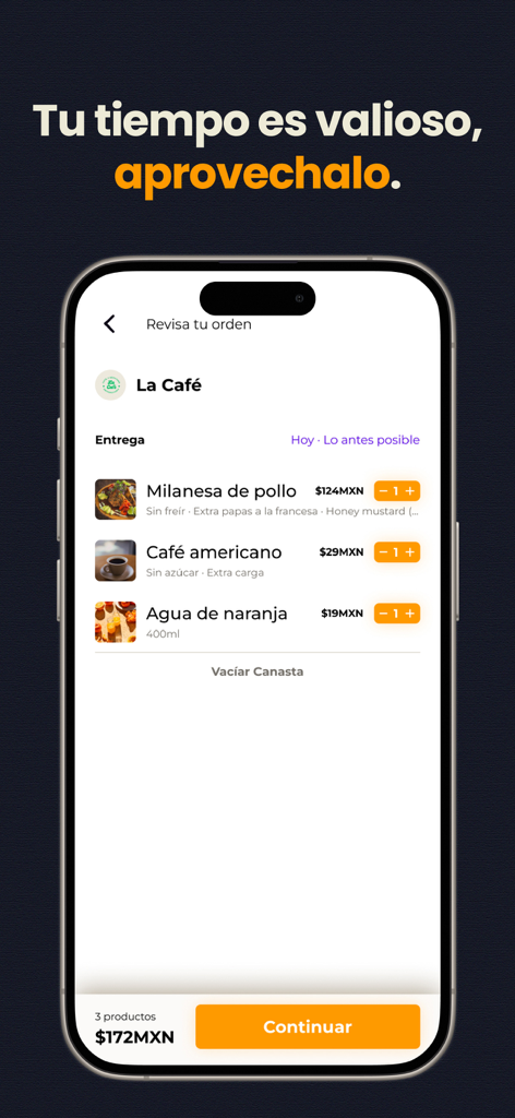 Coco APP - Schermata di checkout di Coco App che mostra un riepilogo dell'ordine alimentare da La Cafe con articoli come milanesa di pollo e caffè
